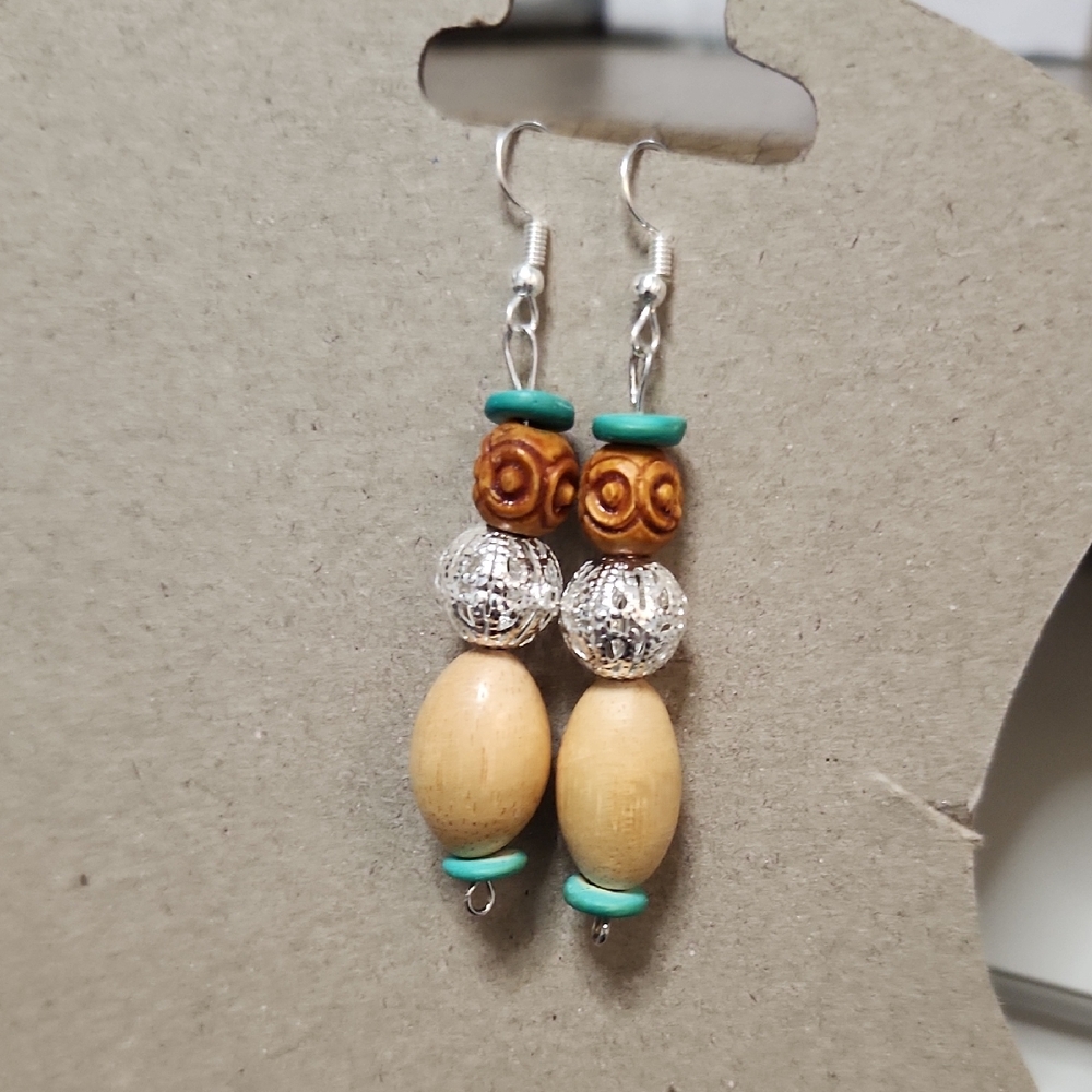 Handmade Silver Tone Hook Wooden and Metal Bead Dangle Earrings Artisan Fashion